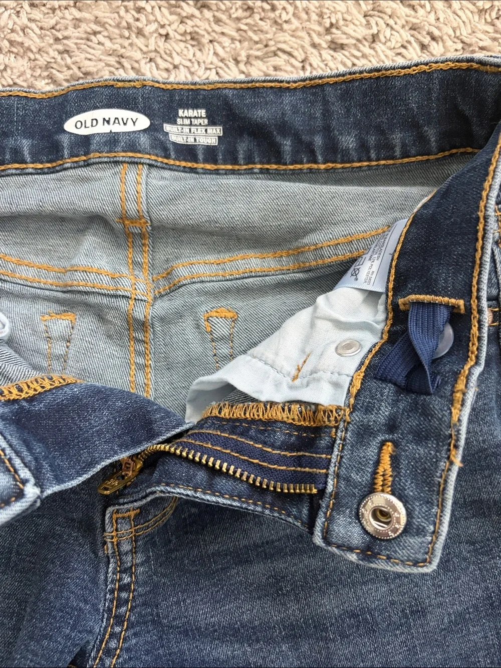 Old Navy Classic Dark Wash Kids Jeans. Karate slim taper. Built-in flex max.